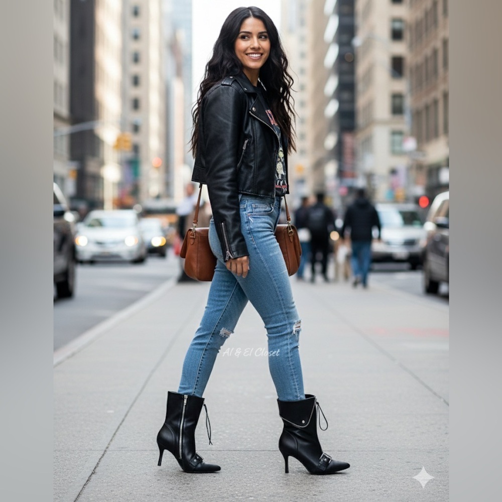 A New Day Black Buckle Pointed-Toe Stiletto Ankle Boots | Vegan | 7.5 NWB - Picture 3 of 11